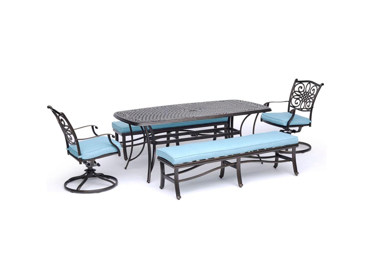 Hanover Traditions 5 Piece Patio Dining Set In Blue With 2 Swivel Rockers 2 Cushioned Benches And A 38 X 72 Cast Top Dining Table Traddn5pcsw2bn Blu Newegg Com