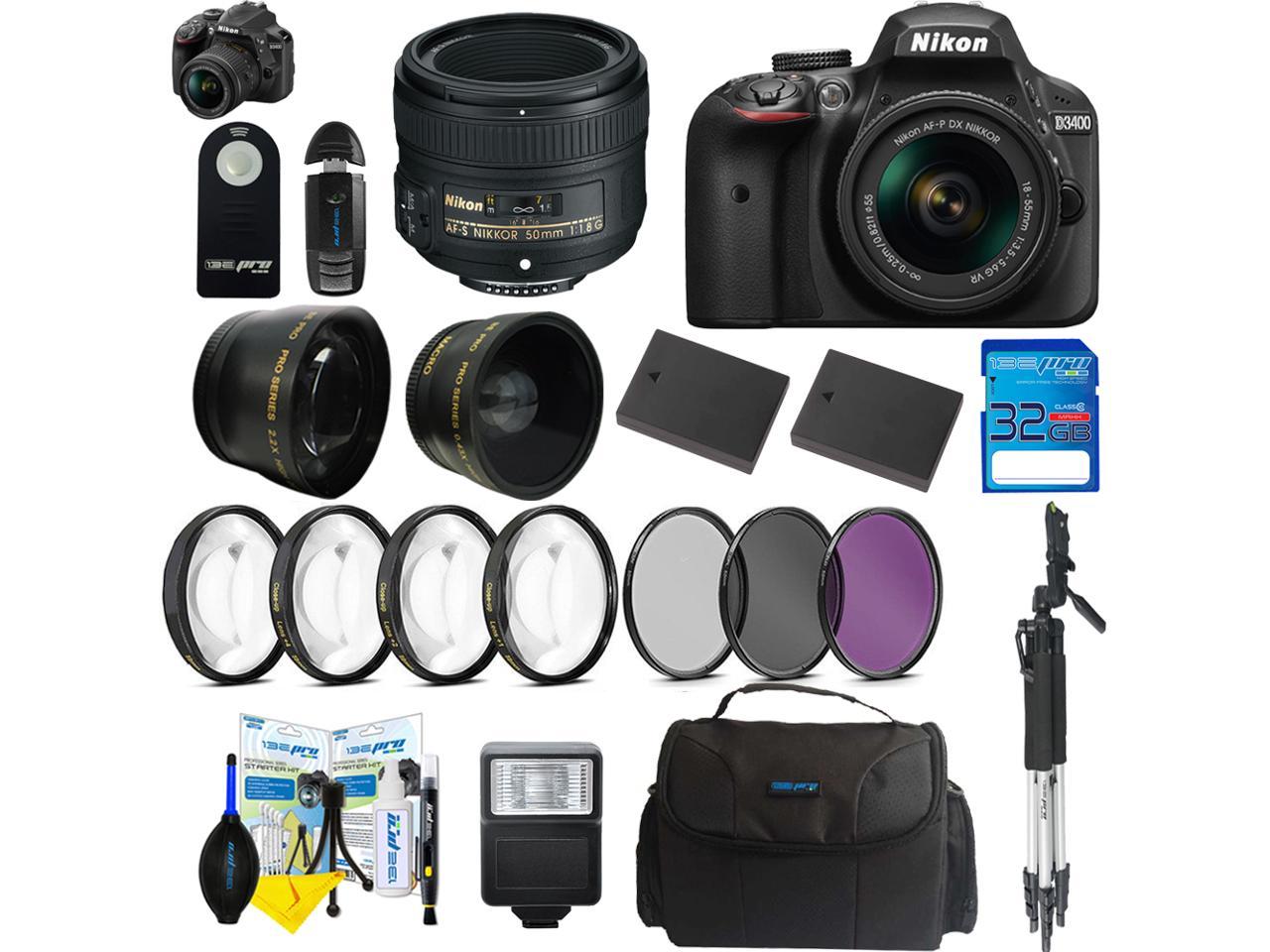 Nikon D3400 Dslr Digital Camera With Nikon Af P Dx Nikkor 18 55mm F 3 5 5 6g Vr Lens Nikon Af S Nikkor 50mm F 1 8g Lens Pixi Advanced Bundle Newegg Com