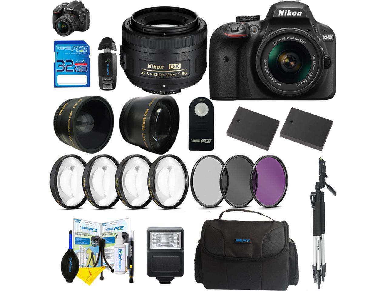 Nikon D3400 Dslr Digital Camera With Nikon Af P Dx Nikkor 18 55mm F 3 5 5 6g Vr Lens Nikon Af S Dx Nikkor 35mm F 1 8g Lens Pixi Advanced Bundle Newegg Com