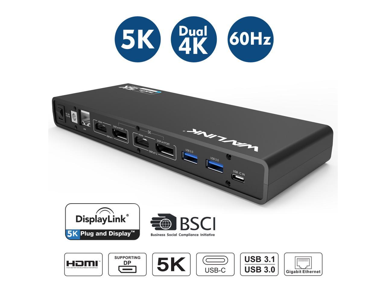 Wavlink Universal 5K USB-C/A Laptop Docking Station, 4K Dual Video Docking  Station 2 x HDMI, 2 x DisplayPort, Gigabit Ethernet, USB C in, 6 x USB 3.0,  