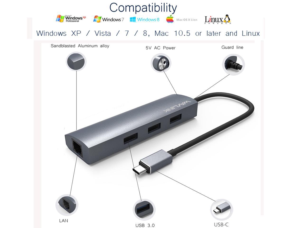 SUNYONGBIN-US USB-C HUB Type-C to 3 USB 3.0 Ports RJ45 Gigabit Ethernet Adapter Multi-Function LAN Adapter 
