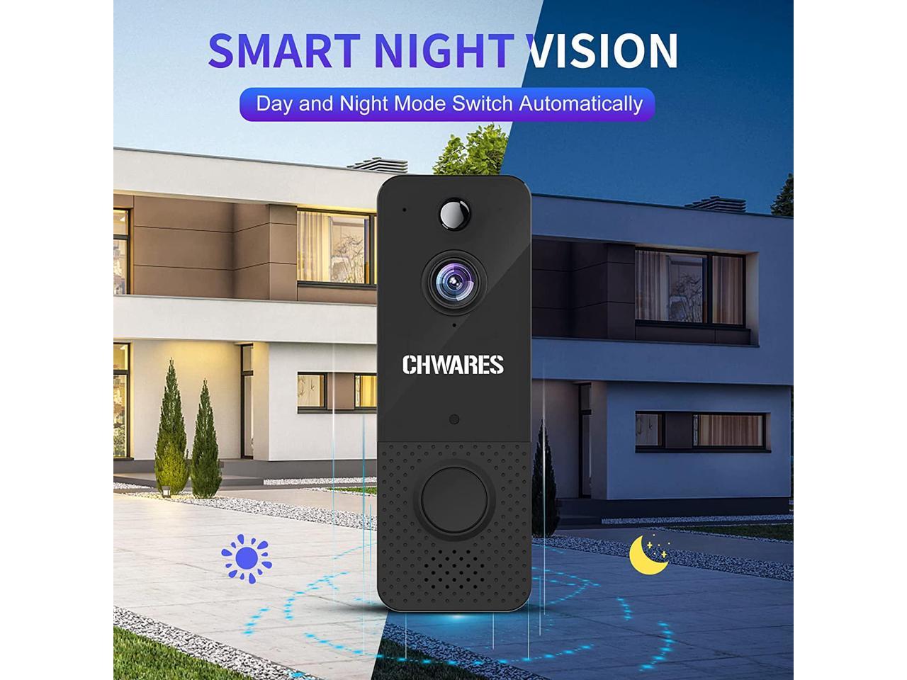 Night Vision Free Cloud Storage CHWARES Wireless Camera with Chime Battery Powered 2-Way Audio No Monthly Fee Video Doorbell Camera 1080p HD Motion Detector 