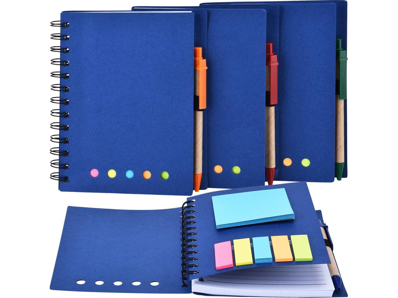 Coopay 4 Pieces Kraft Paper Steno Pocket Business Notebook Spiral Lined Notepad Set with Pen in Holder Sticky Colored Notes Page Marker Tabs Black Cover 