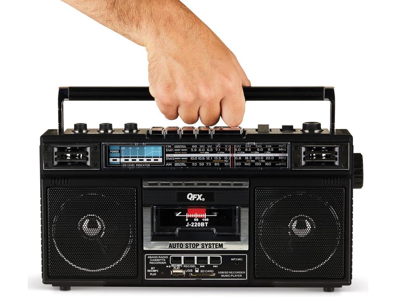 QFX J-220BT ReRun X Cassette Player/Recorder Boombox 4-Band (AM, FM, SW1,  SW2) Bluetooth Portable Recording Boombox with Dual 3 Speakers, Built-in  Microphone, 3-Band Equalizer - Newegg.com