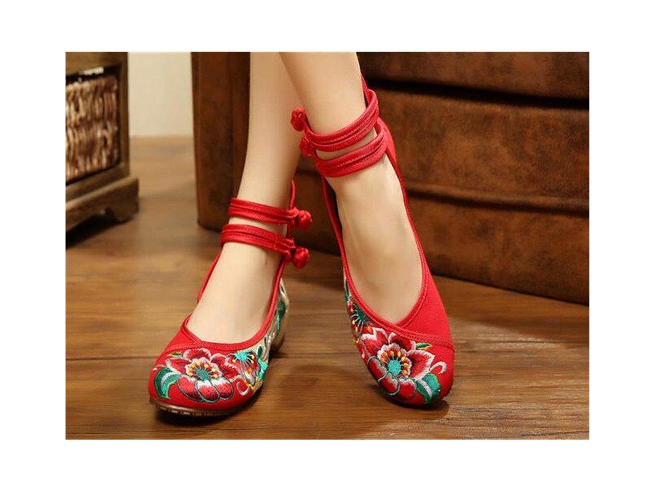 Vintage chino bordado floral zapatos mujeres bailarina Mary Jane plana ballet algodón mocasín