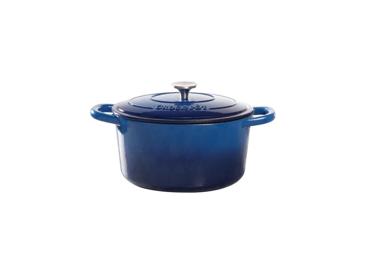 CrockPot 7 Quart Round Enamel Cast Iron Covered Dutch Oven Slow Cooker, Blue