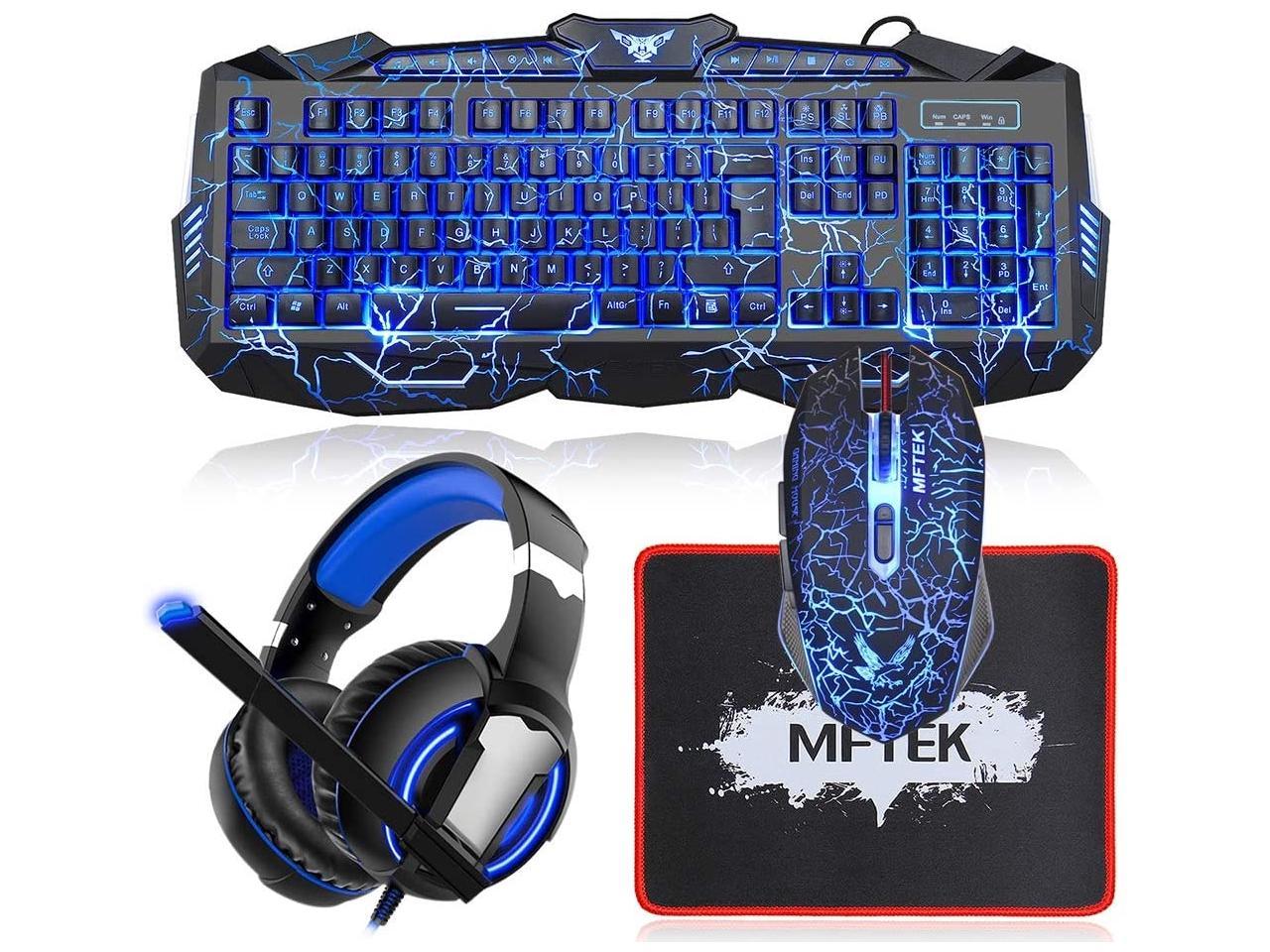 BlueFinger Gaming Keyboard Mouse Headset Combo,USB Wired 3 Color Crack Backlit Keyboard,Blue LED Light Gaming Headset,Gaming Keyboard Set for Computer PC Game Office Work 