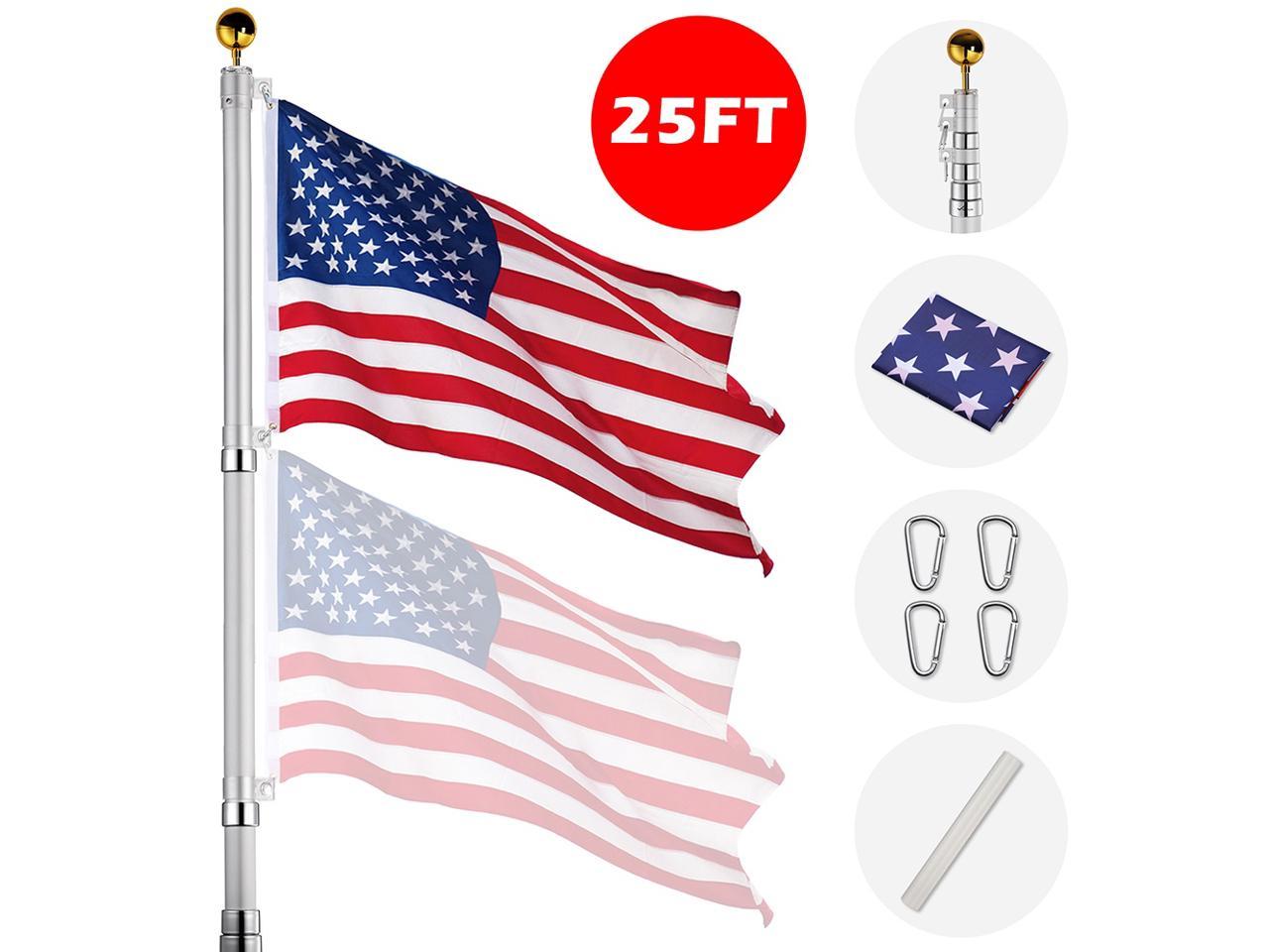 30FT Flag Pole Telescopic Flagpole Kit Aluminum 3x5' U.S Flag Fly 2 Flag America 