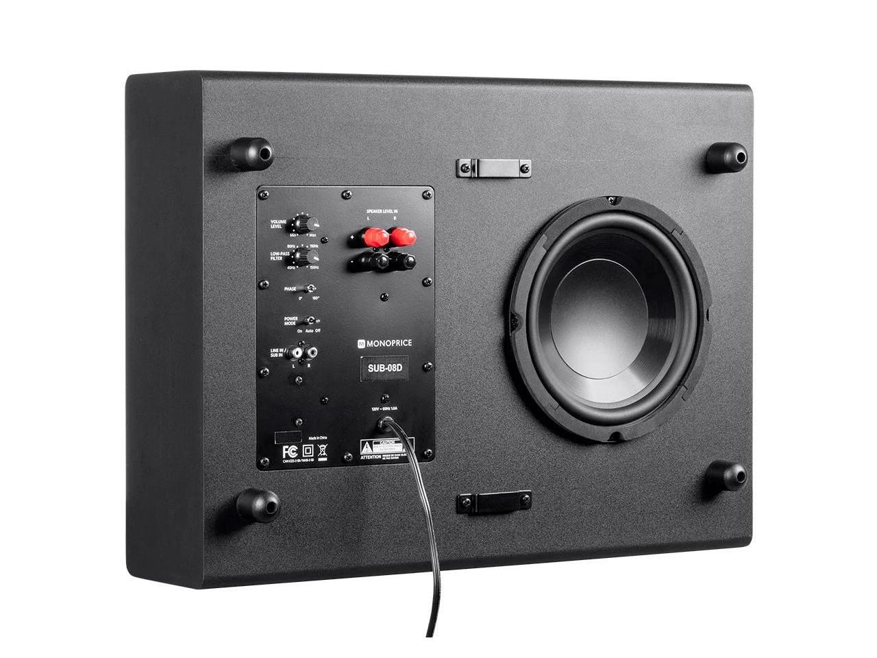 Monoprice SSW8 Powered Slim 8 Inch Subwoofer Black 100 Watt, Low Profile, Powerful Amp, Low