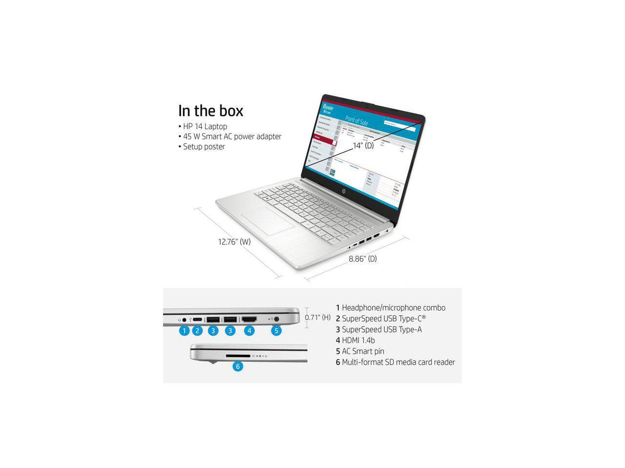 HP 14" Laptop, Intel Core i31115G4,4GB RAM,128G SSD, Natural Silver