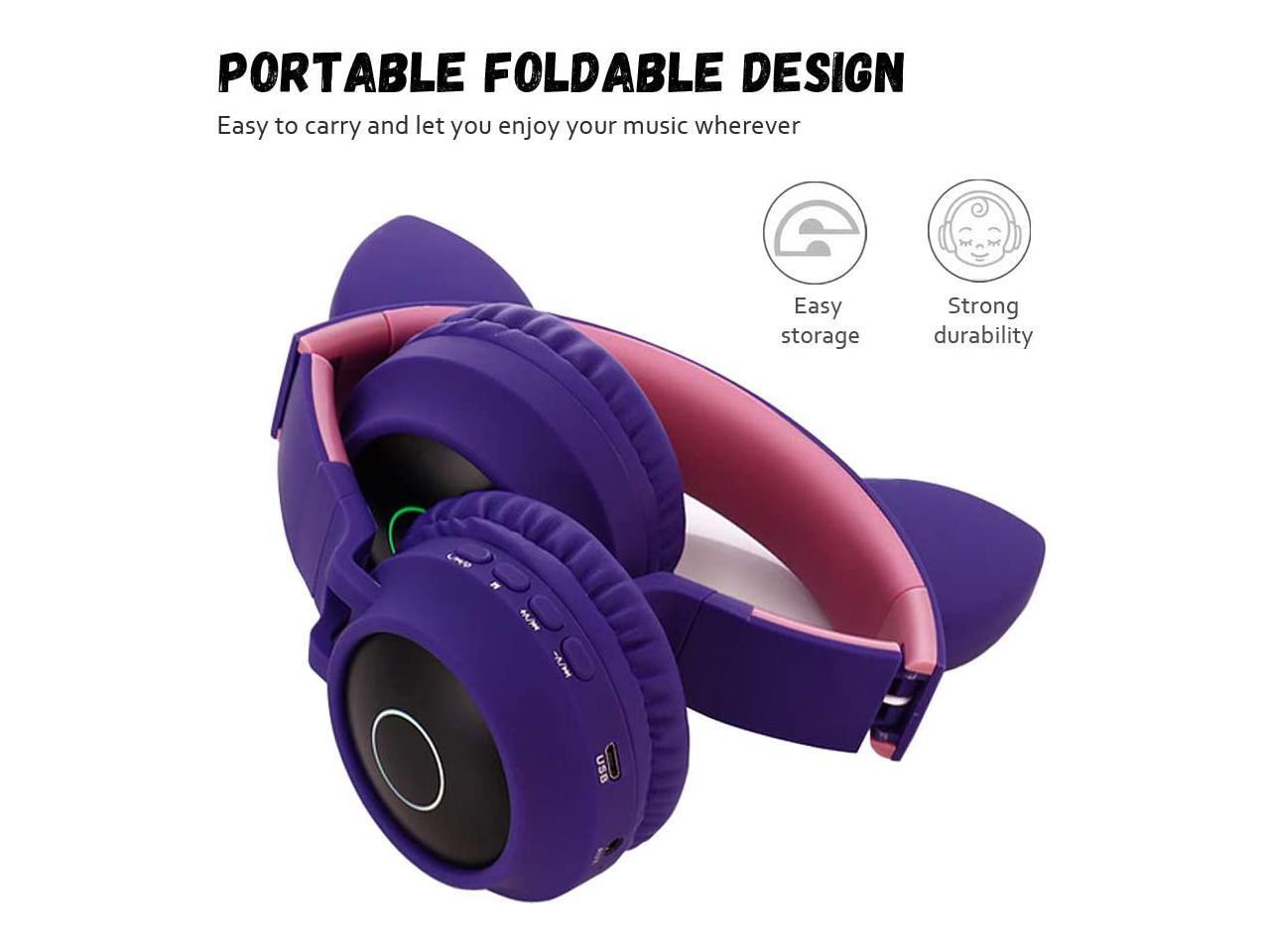 Foldable Wireless Bluetooth Headset Cat Ear Led Light Headset Bluetooth 5 0 Headset With Microphone Purple Newegg Com