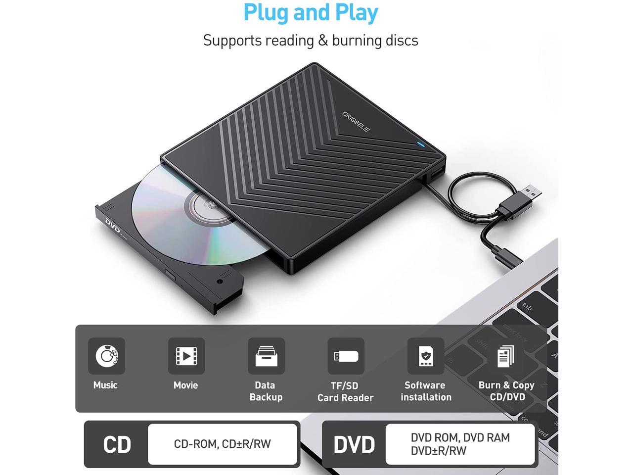 ORIGBELIE External CD DVD Drive, Ultra Slim CD Burner USB 3.0 with 4