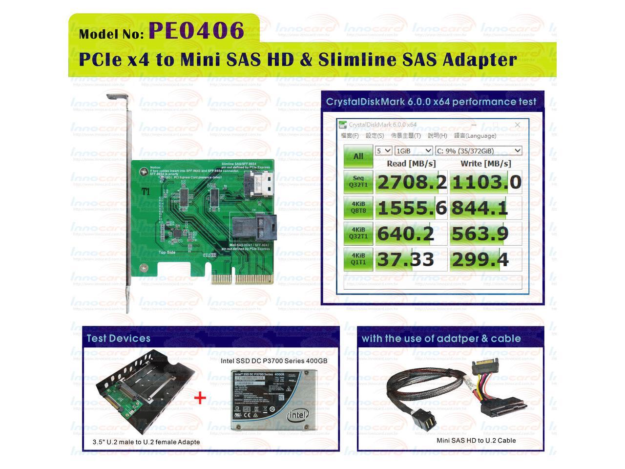 Innocard PCIe Gen 3 / 4Lane to Mini SAS HD & Slimline SAS Adapter + U.2 (SFF8639) to Mini SAS