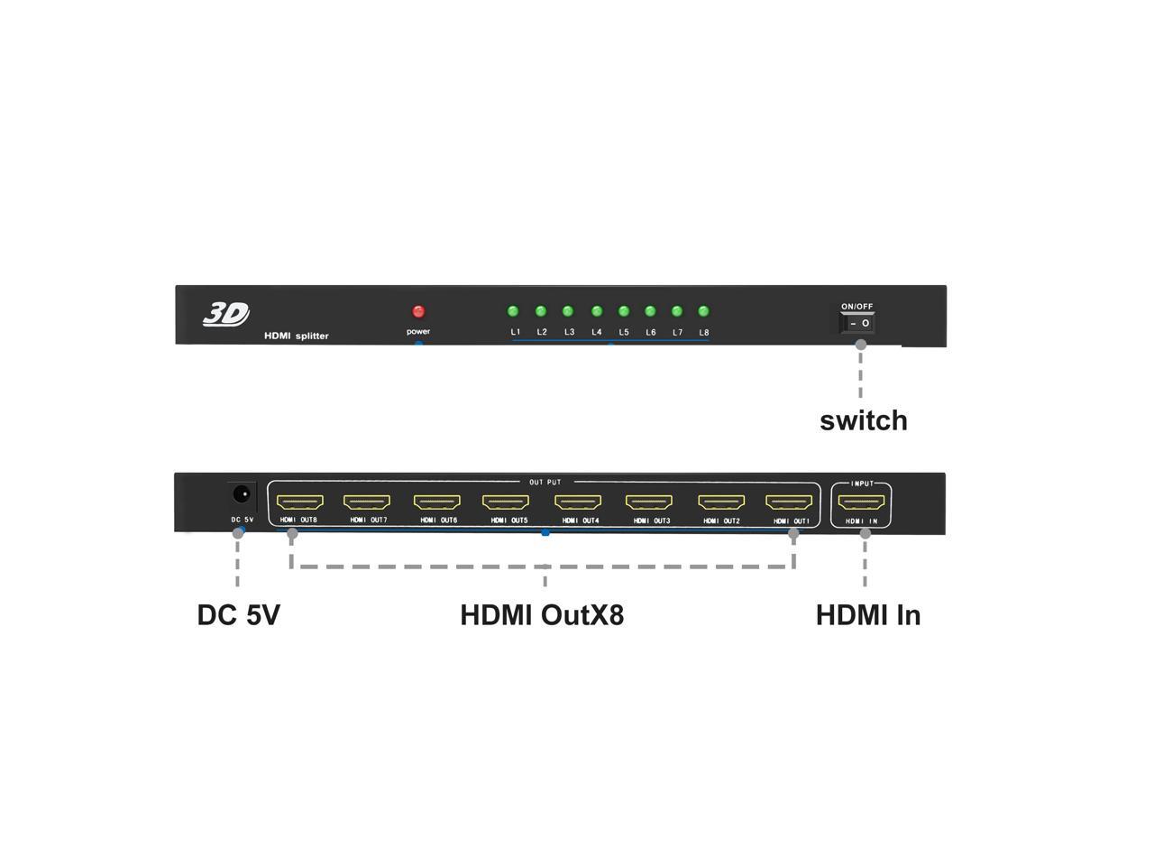 JTech Digital JTD3DSP0108 8Port HDMI v1.3 1Input 8Output 1x8 1080P