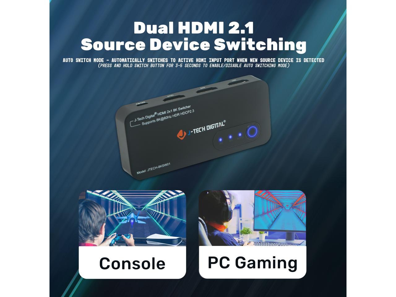 8K HDMI 2.1 Switch 2 in 1 out 48Gbps 8K 60Hz 4K 120Hz HDMI Switcher for PS5 XBOX BluRay with Auto Switch Multiple Inputs by J-Tech Digital JTECH-8KSW01 