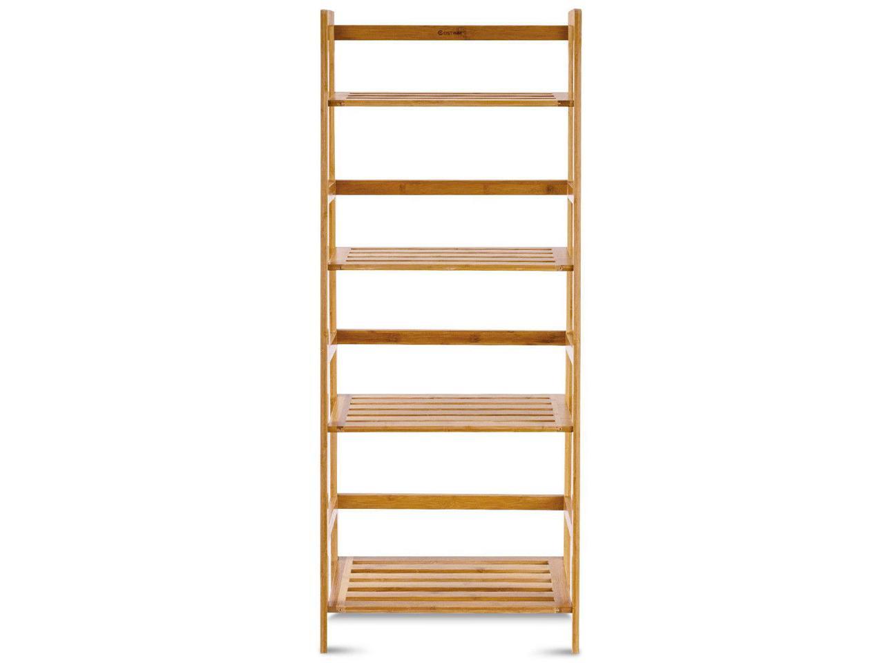 Costway Multifunctional 4 Shelf Bamboo Bookcase Ladder Plant Flower ...