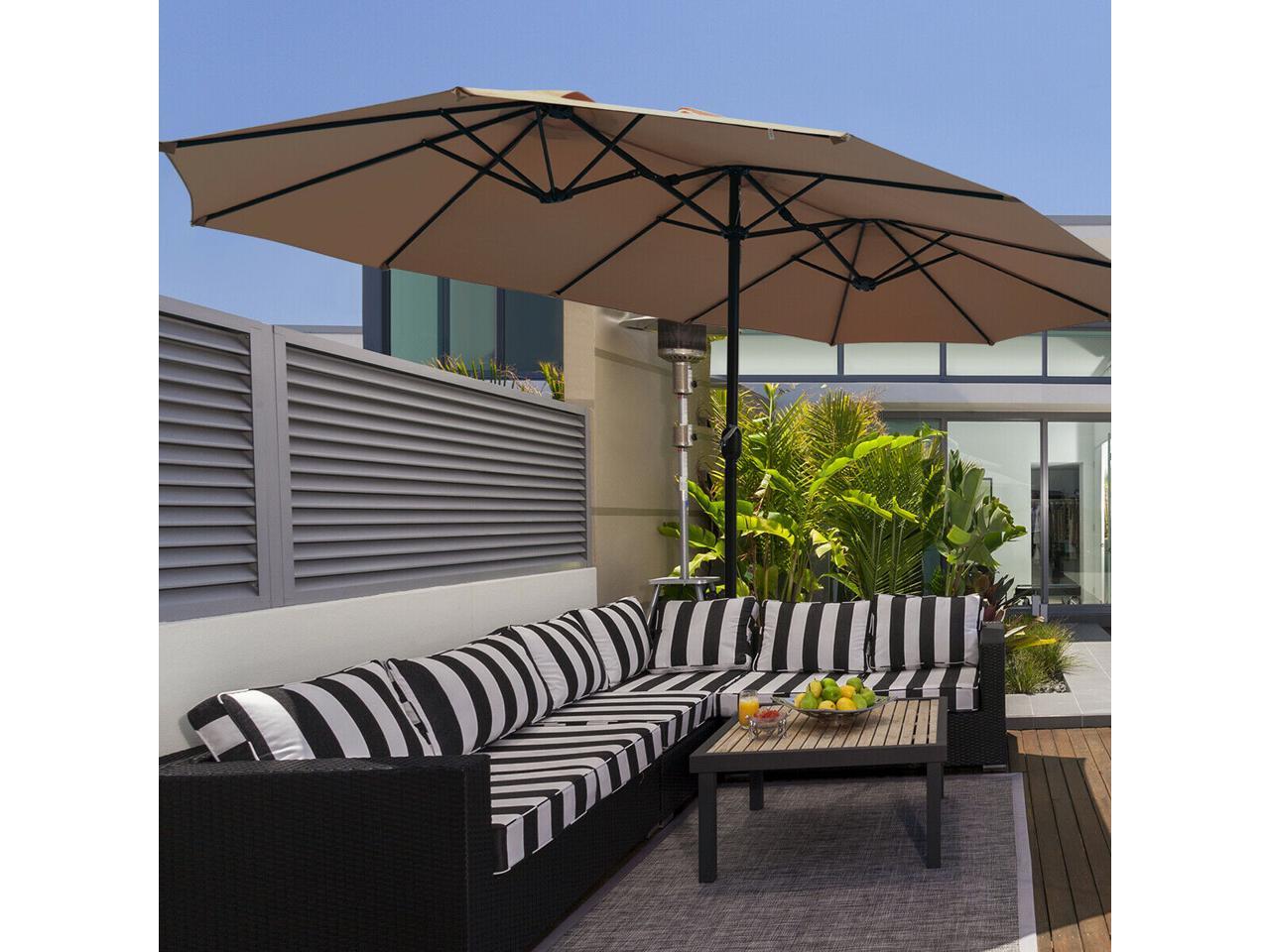15 Ft Patio Double Sided Umbrella Outdoor Market Umbrella w/Crank & Base Tan