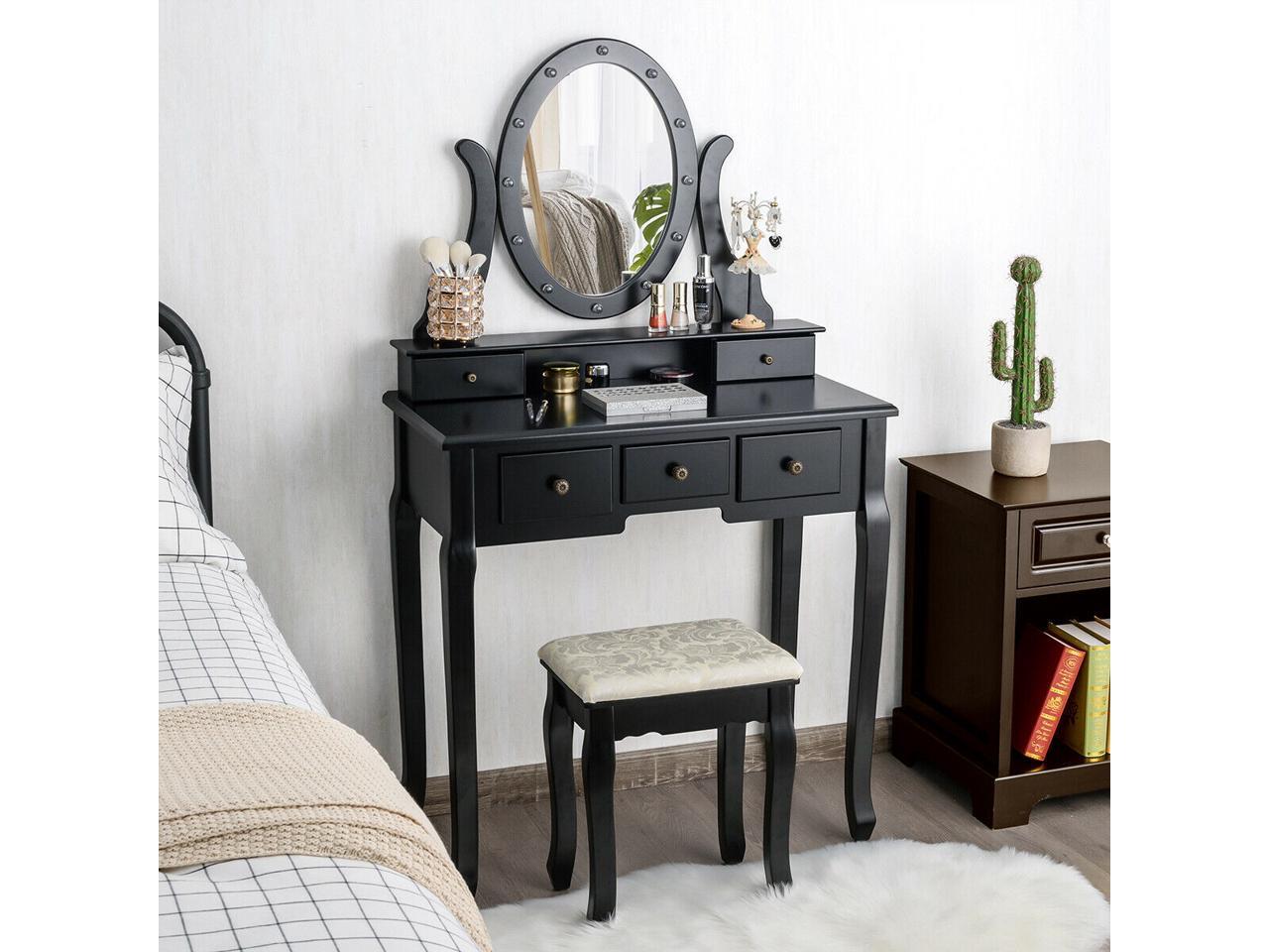 Vanity Sets with Mirror and Bench Black Walnut with 12 LED Lights Vanity Makeup Table with Lighted Mirror Dressing Table with Drawers