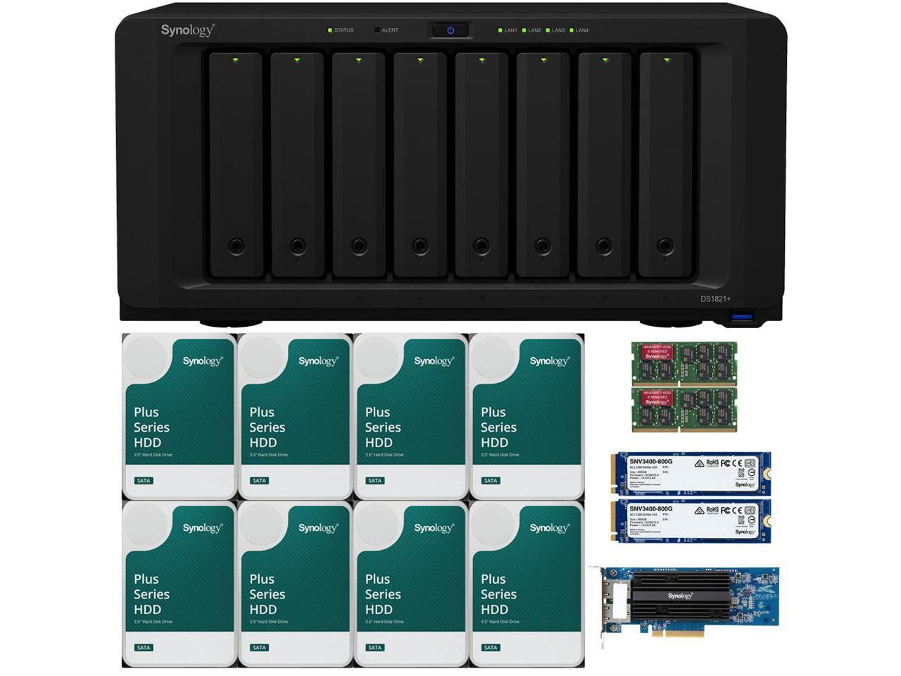 Synology DS1821+ 8Bay NAS with 8GB RAM, a Synology 2port 10GbE