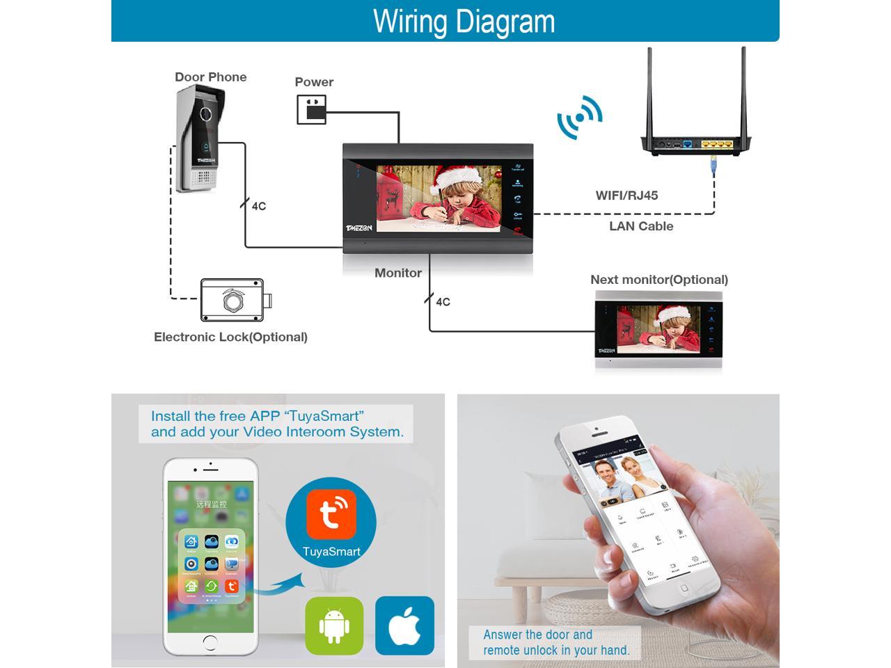 TMEZON Wireless WiFi Video Doorbell Door Phone IP Intercom System 7''LCD Monitor