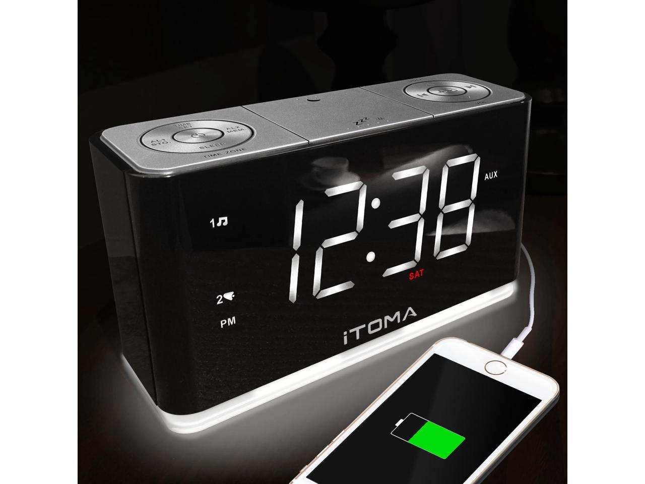 Auto & Manual Dimmer 1.4” White LED Display Alarm Clock FM Radio Clock Radio Cell Phone USB Charge Port Night Light Snooze Dual Alarm Sleep Timer iTOMA CKS507 