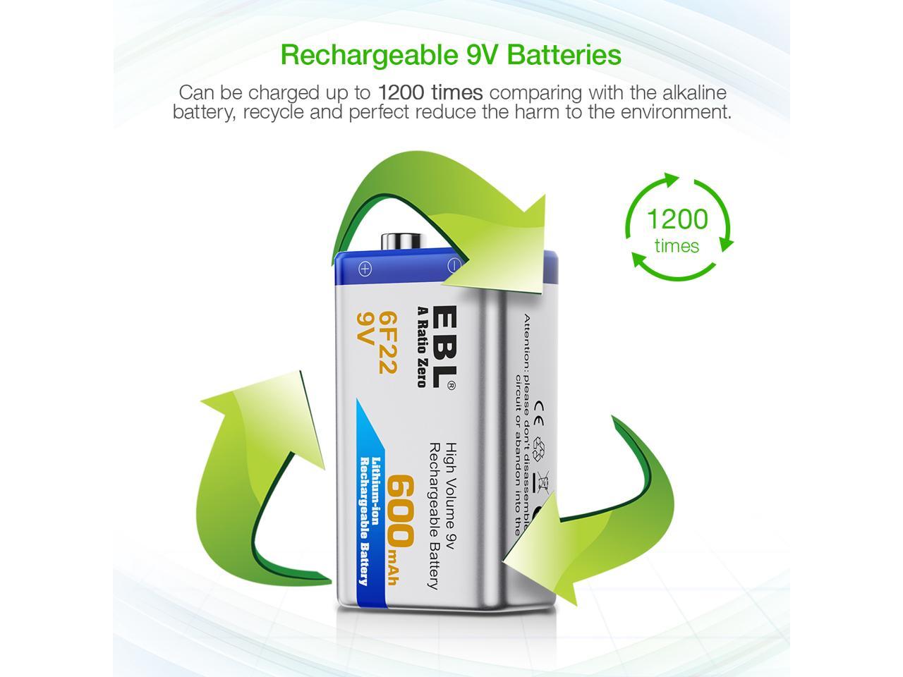 EBL 3 Pack 6F22 9V 600mAh Lithium-ion Rechargeable Batteries for ...