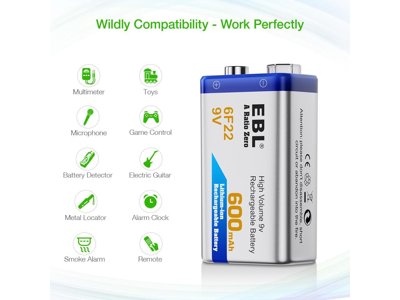 EBL 6F22 9V 600mAh Rechargeable Batteries 9 Volt Li-ion Battery for ...