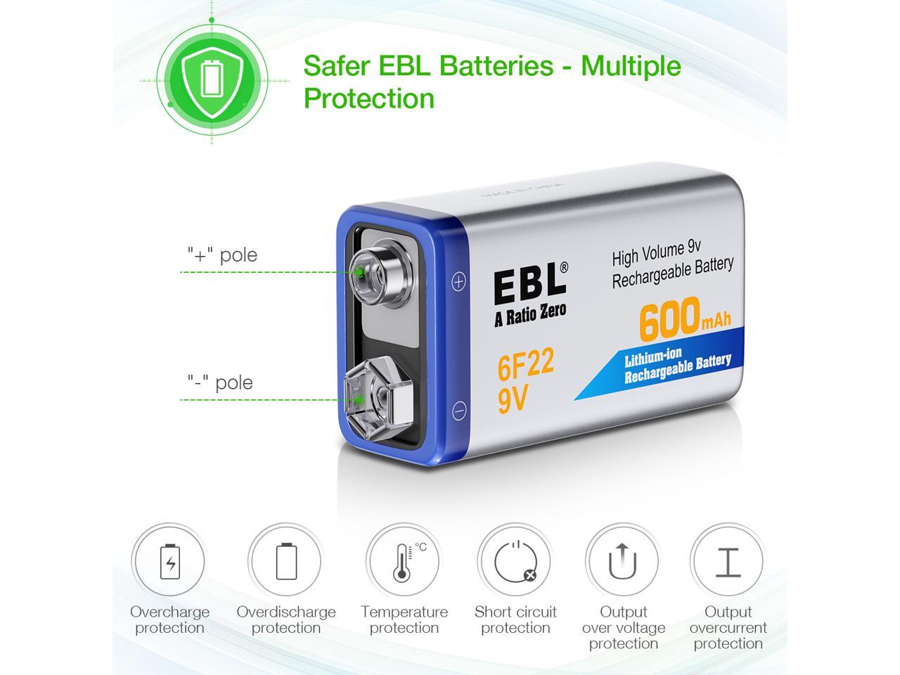 EBL 6F22 9V 600mAh Lithiumion Battery 9 Volt Rechargeable Batteries