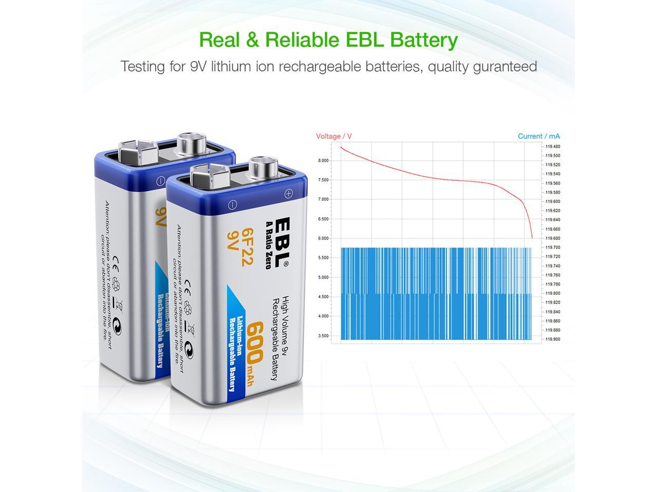 EBL 6F22 9V 600mAh Rechargeable Batteries 9 Volt Liion Battery for