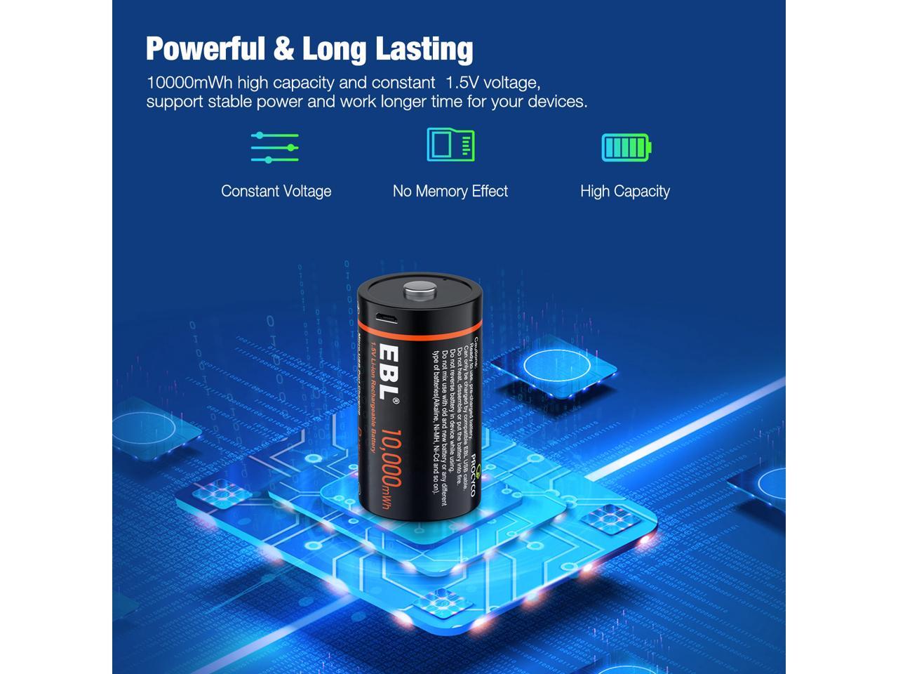 EBL USB Rechargeable D Batteries 10000mWh 1.5V Long Lasting D Cell Li