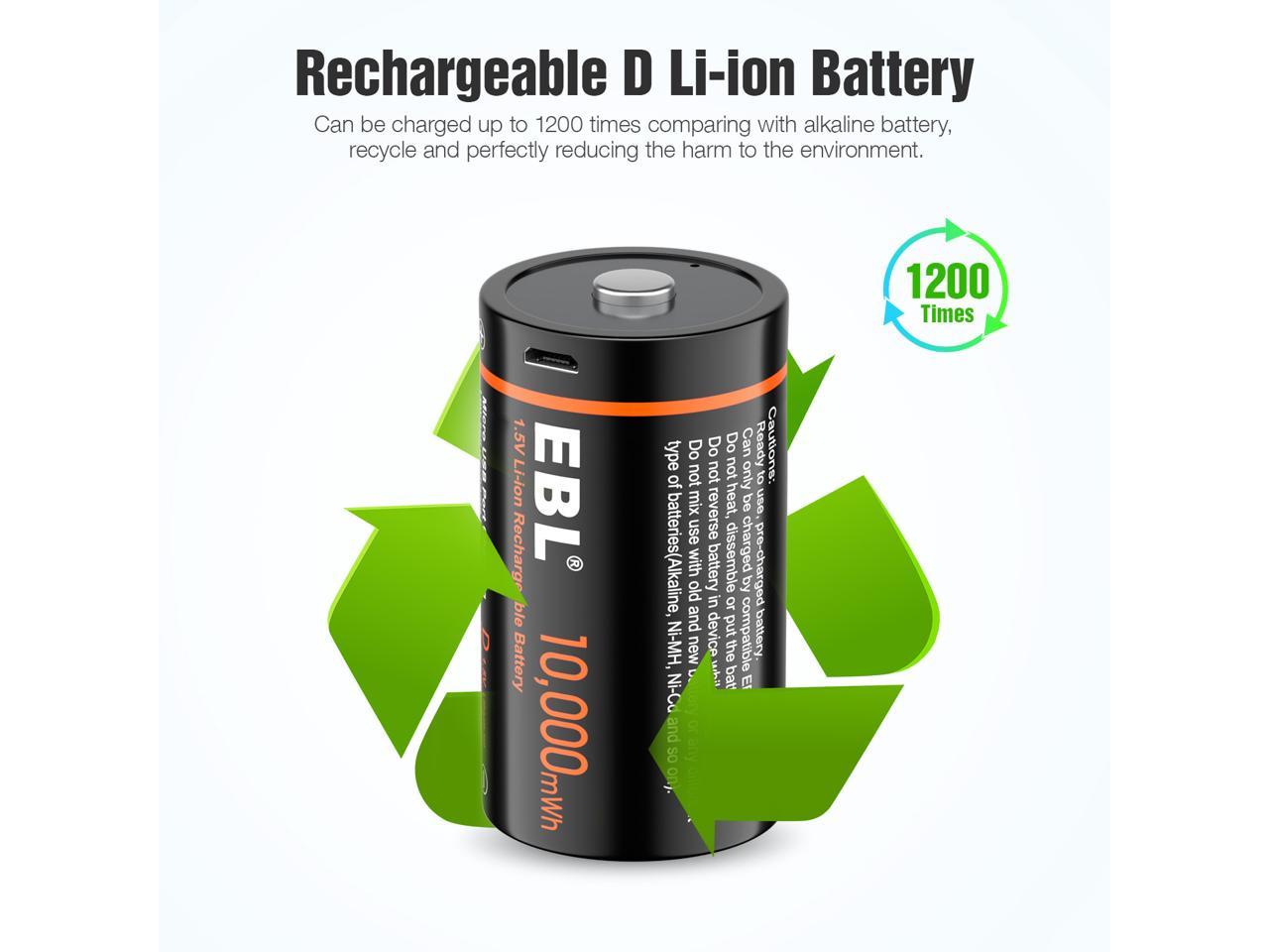 EBL USB Rechargeable D Batteries 10000mWh 1.5V Long Lasting D Cell Li ...