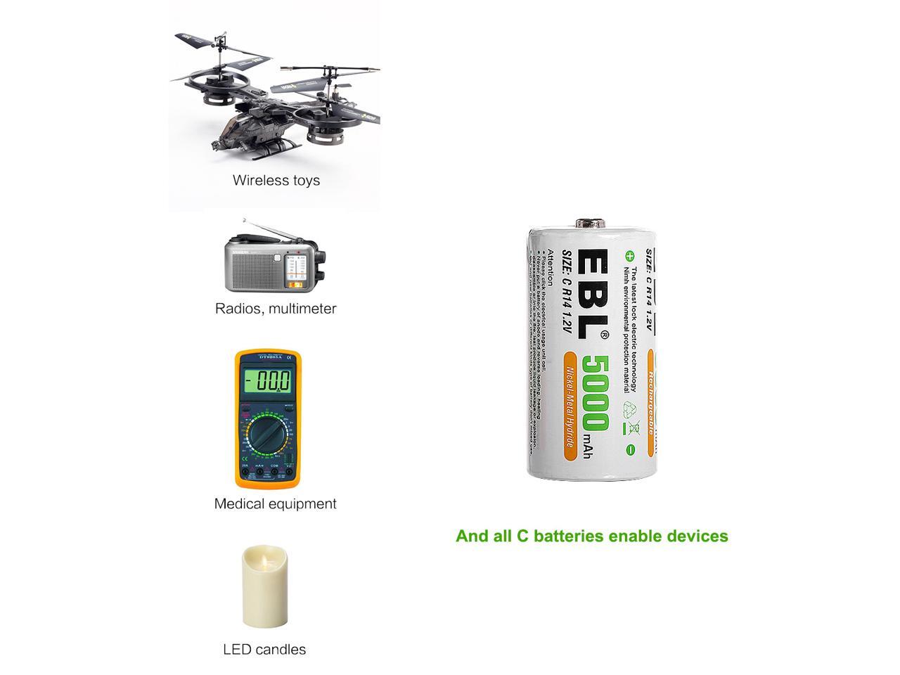 EBL 4 Pack Size C R14 Battery 1.2V 5000mAh NiMH Rechargeable Batteries