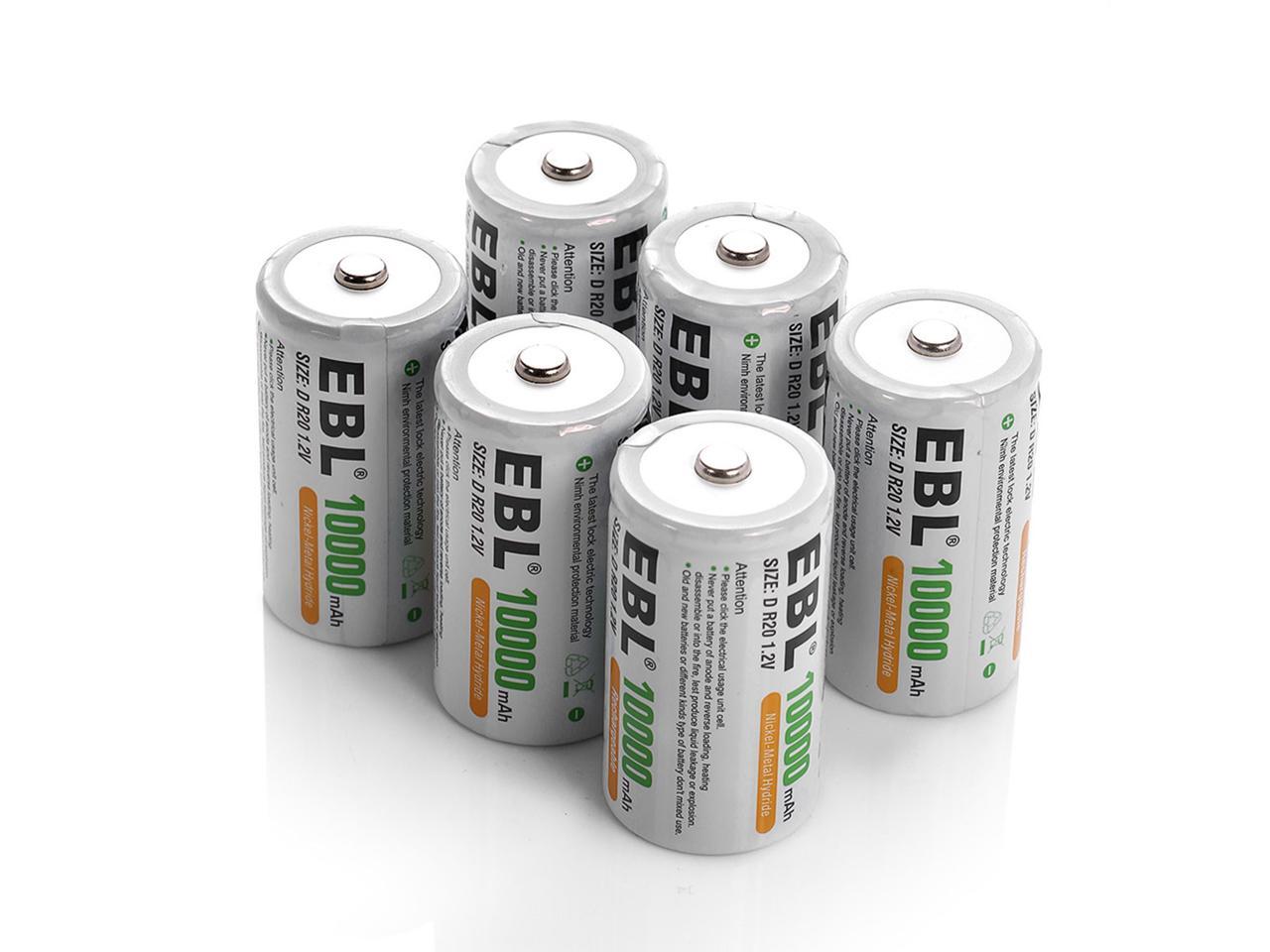 EBL 6 Pack 10000mAh D Cell Rechargeable Batteries + Battery Charger for