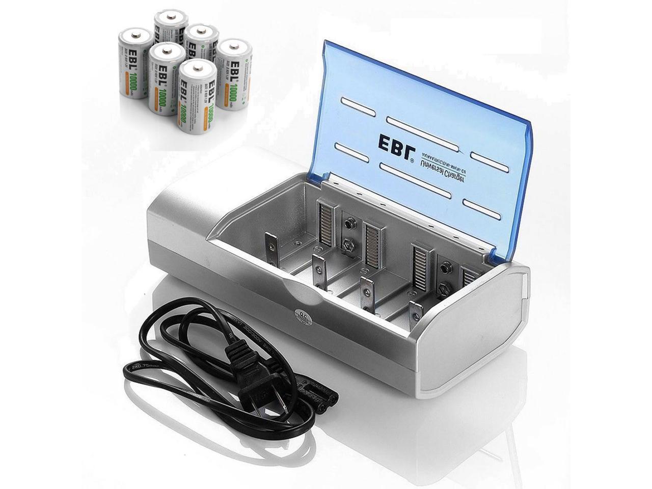 EBL 6 Pack 10000mAh D Cell Rechargeable Batteries + Battery Charger for