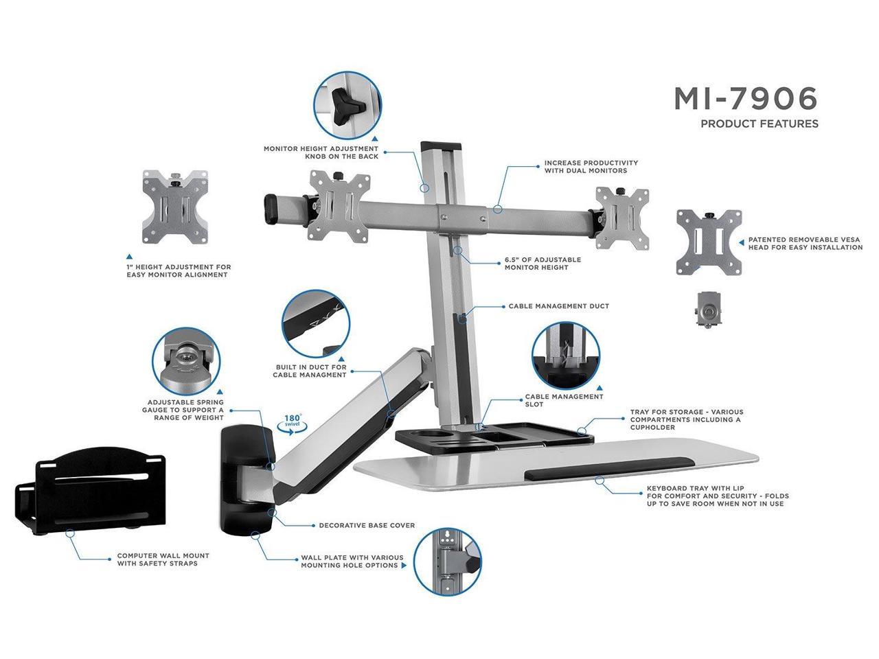 MountIt! Sit Stand Dual Monitor Wall Mount Workstation & Stand Up Computer Station with