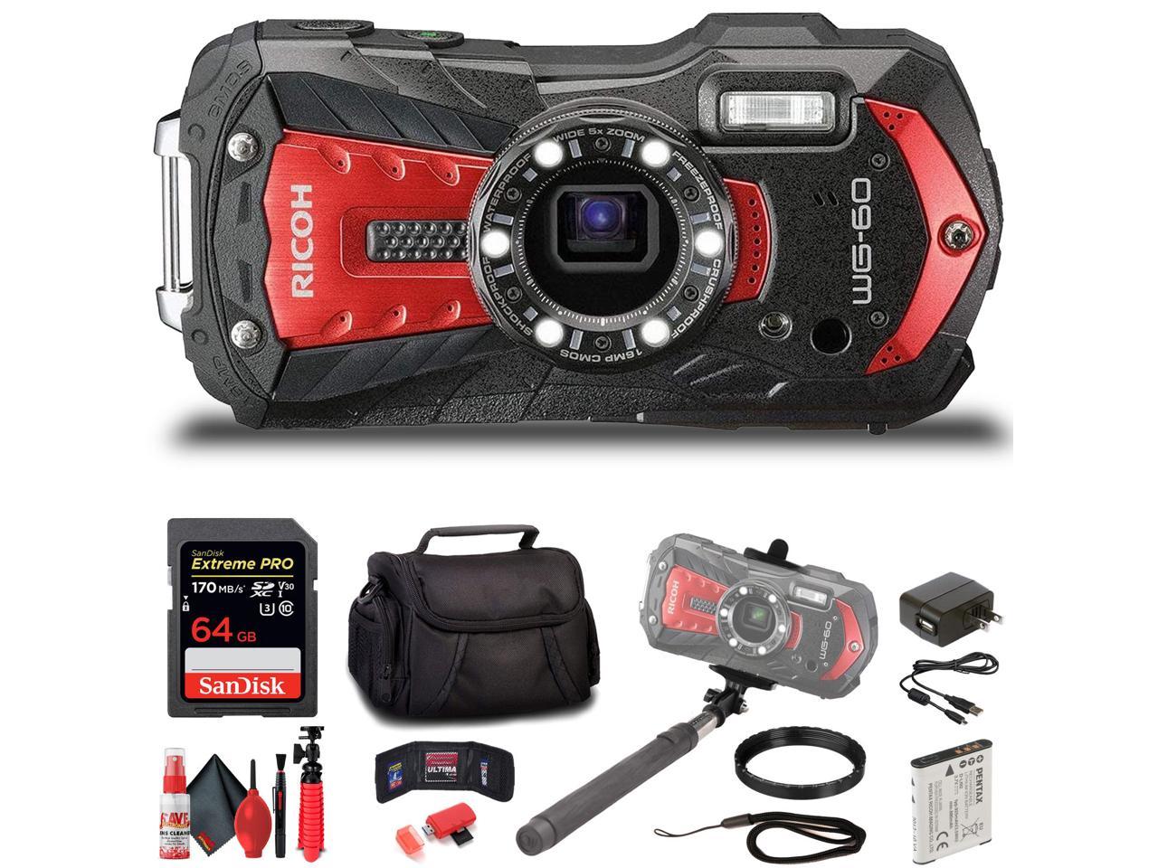 Ricoh WG-60 Digital Camera (Red) with Deluxe Accessory Kit