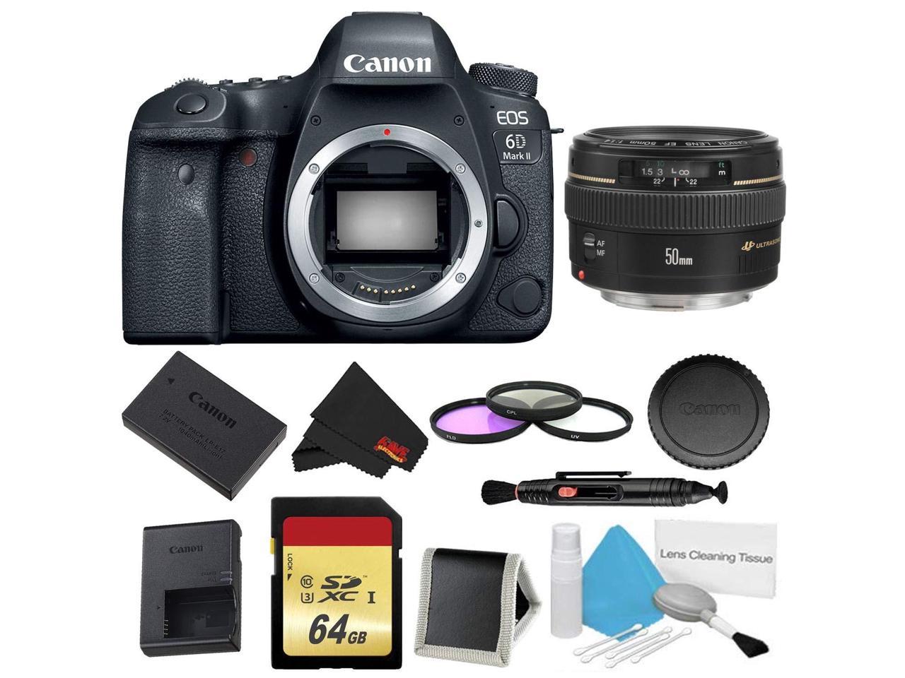 Includes 32GB SD Memory Card International Version Canon EOS 6D Mark II DSLR Camera with Canon EF 50mm f/1.4 USM Lens 16PC Accessory Bundle 2x Replacement Batteries No Warranty AC/DC Rapid Home & Travel Charger MORE 