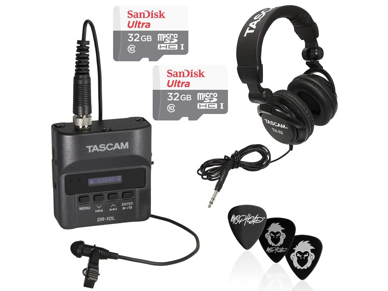 Tascam DR-40X Four-Track Digital Audio Recorder and USB Audio Interface Bundle with Tascam TH-02 Studio Headphones and Sandisk Ultra 64GB Memory Card Including 2X Mophead XLR Cables and Ties 
