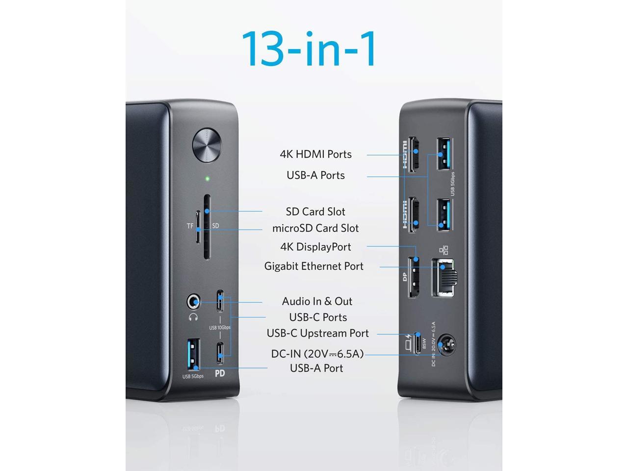 Anker Docking Station, PowerExpand 13-in-1 USB-C Dock for USB-C Laptops,  85W Charging for Laptop, 18W Charging for Phone, 4K HDMI, 1Gbps Ethernet,  