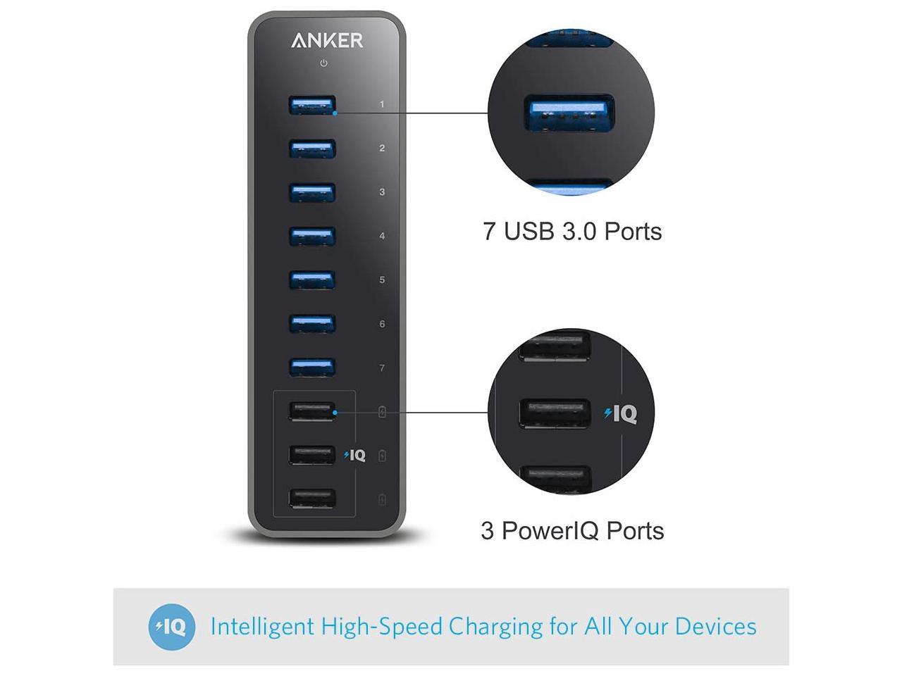Anker 10Port 60W USB 3.0 Hub with 7 Data Transfer Ports and 3 PowerIQ