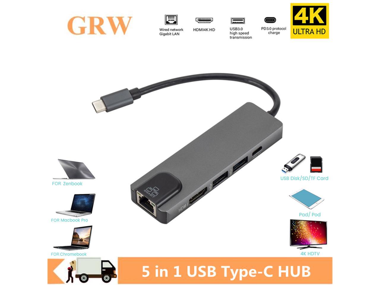 5 in1 USB 3.1 Type C Hub 4K Hdmi USB 3.0 to Rj45 Lan Adapter Charger for Macbook