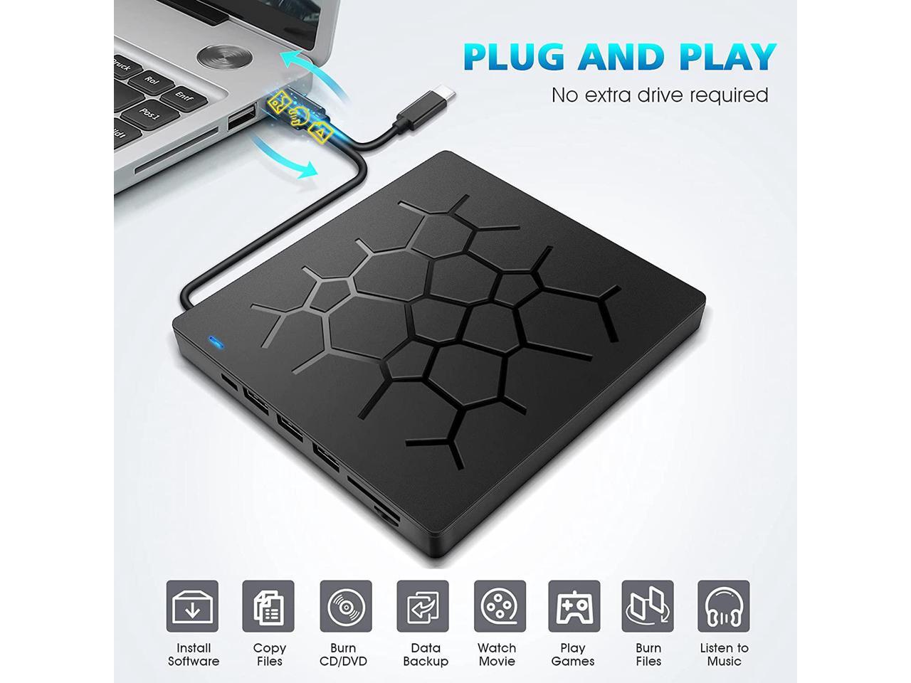Multifunct External CD DVD Drive with 4 USB Ports and 2 SD Card Slots,7