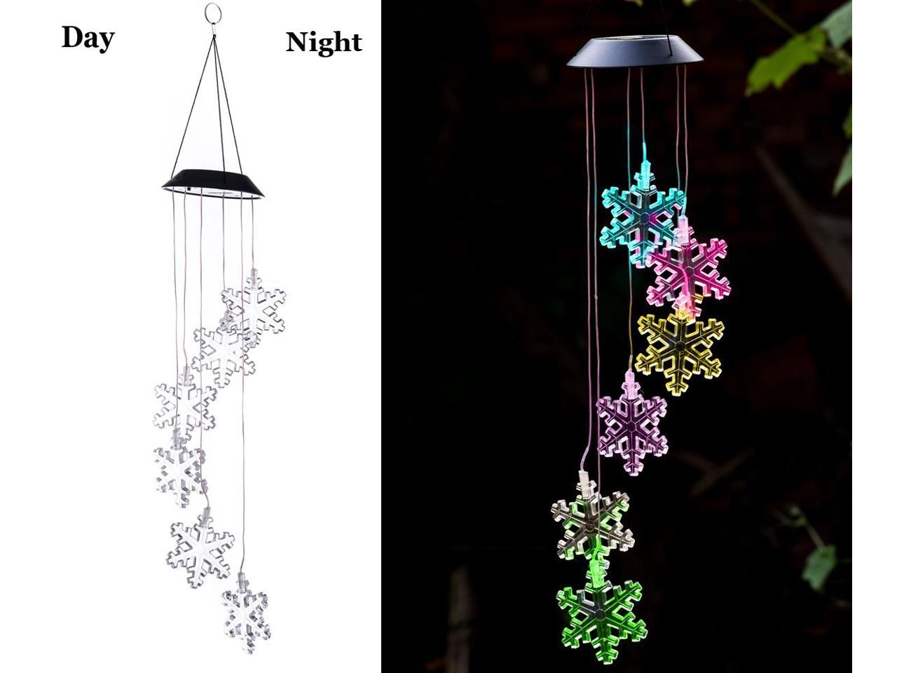 Solar Colorful Snowflake Wind Chimes Outdoor - LED Changing Light Color ...