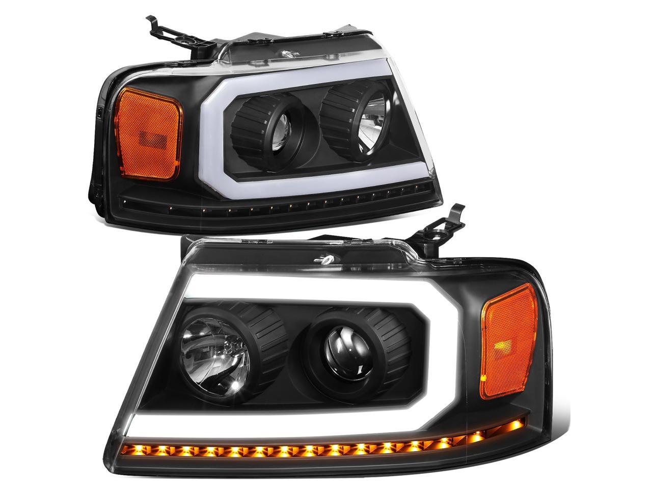 DNA Motoring HL-LED-F15004-CH-AM Chrome Amber Corner Headlights With LED Light Bar Replacement For 04-08 F150 Mark LT 