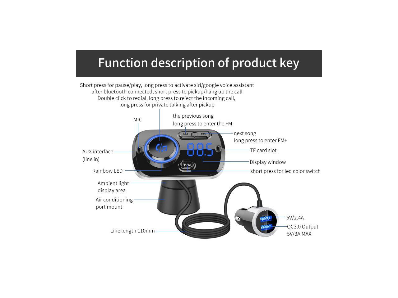 Jansicotek FM Transmitter BC49BQ Bluetooth 5.0 Car Charger Car Kit MP3