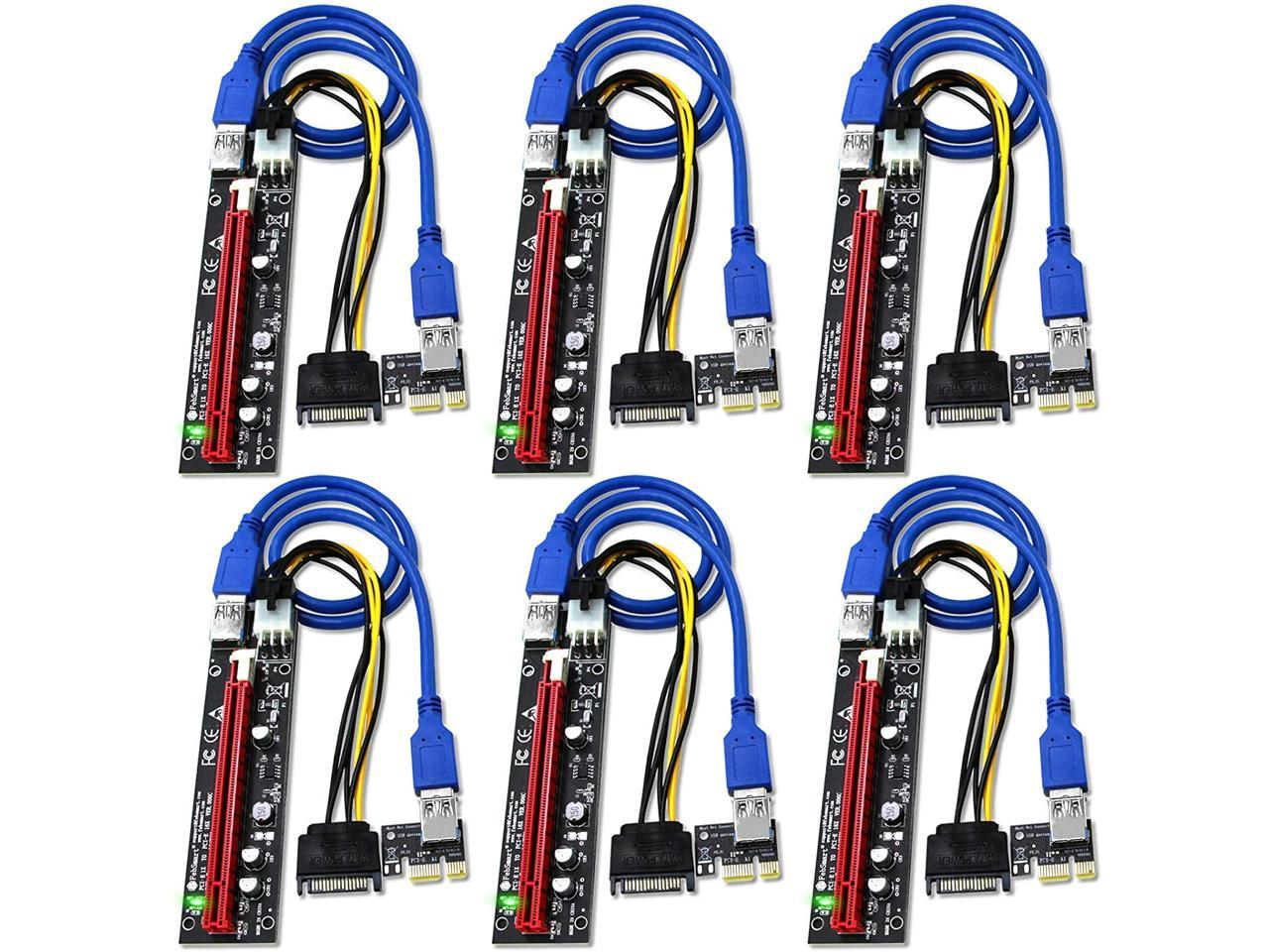 6 Pack PCI-E Riser GPU Risers Card 10 Capacitors,16x to 1x Pcie Express Powered Adapter Card for Bitcoin Litecoin ETH Coin Mining with RGB Colorful LED Light & 60cm USB 3.0 Extension Cable 