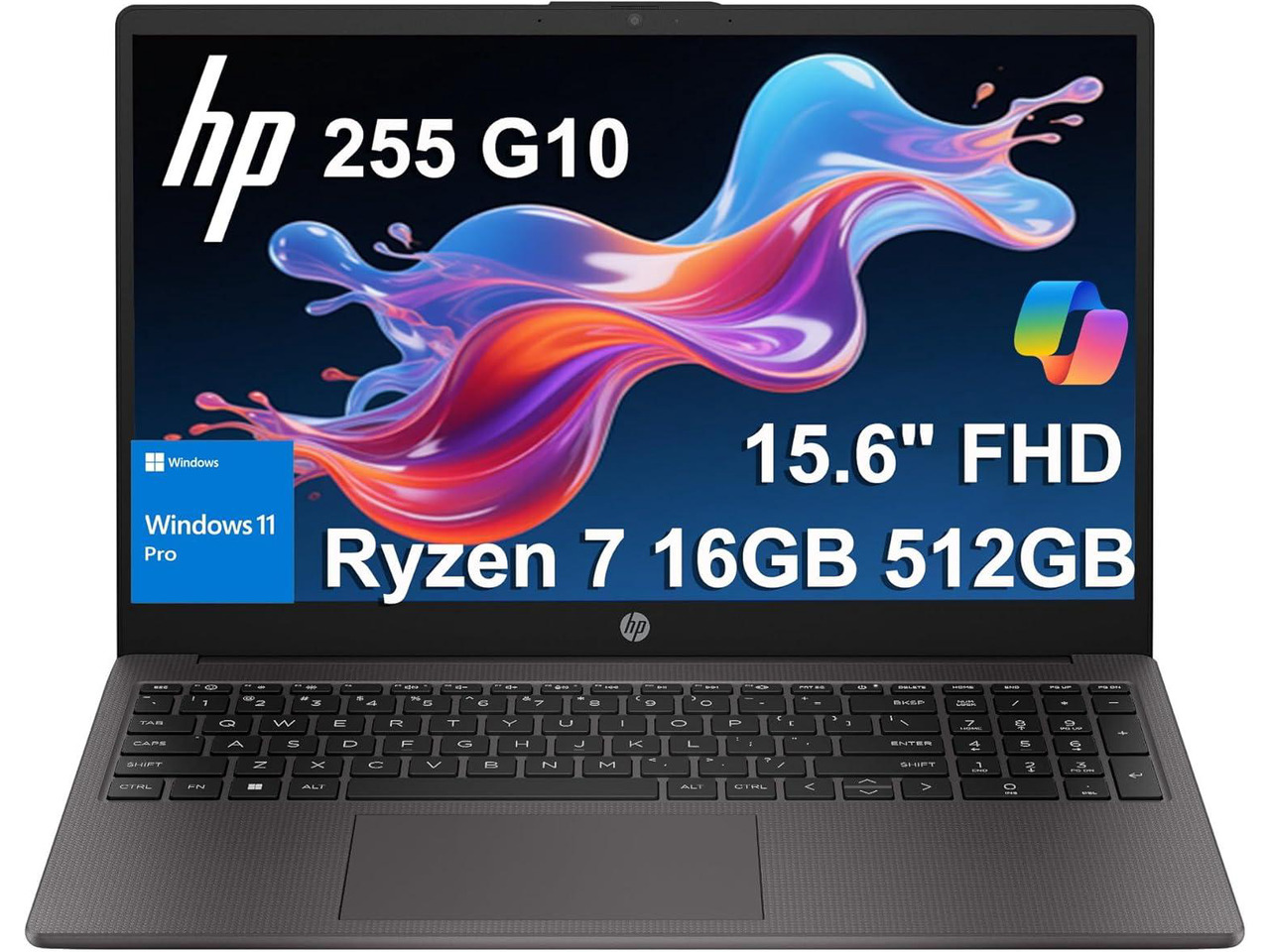 HP 255 G10 Business Laptop (15.6" FHD Anti-Glare, AMD Ryzen 7 7730U (> Intel i7-1355U) 16GB RAM, 512GB SSD) for Home, Student, Military Grade, Webcam w/Shutter, Numeric Keypad, Wi-Fi 6, Win 11 Pro