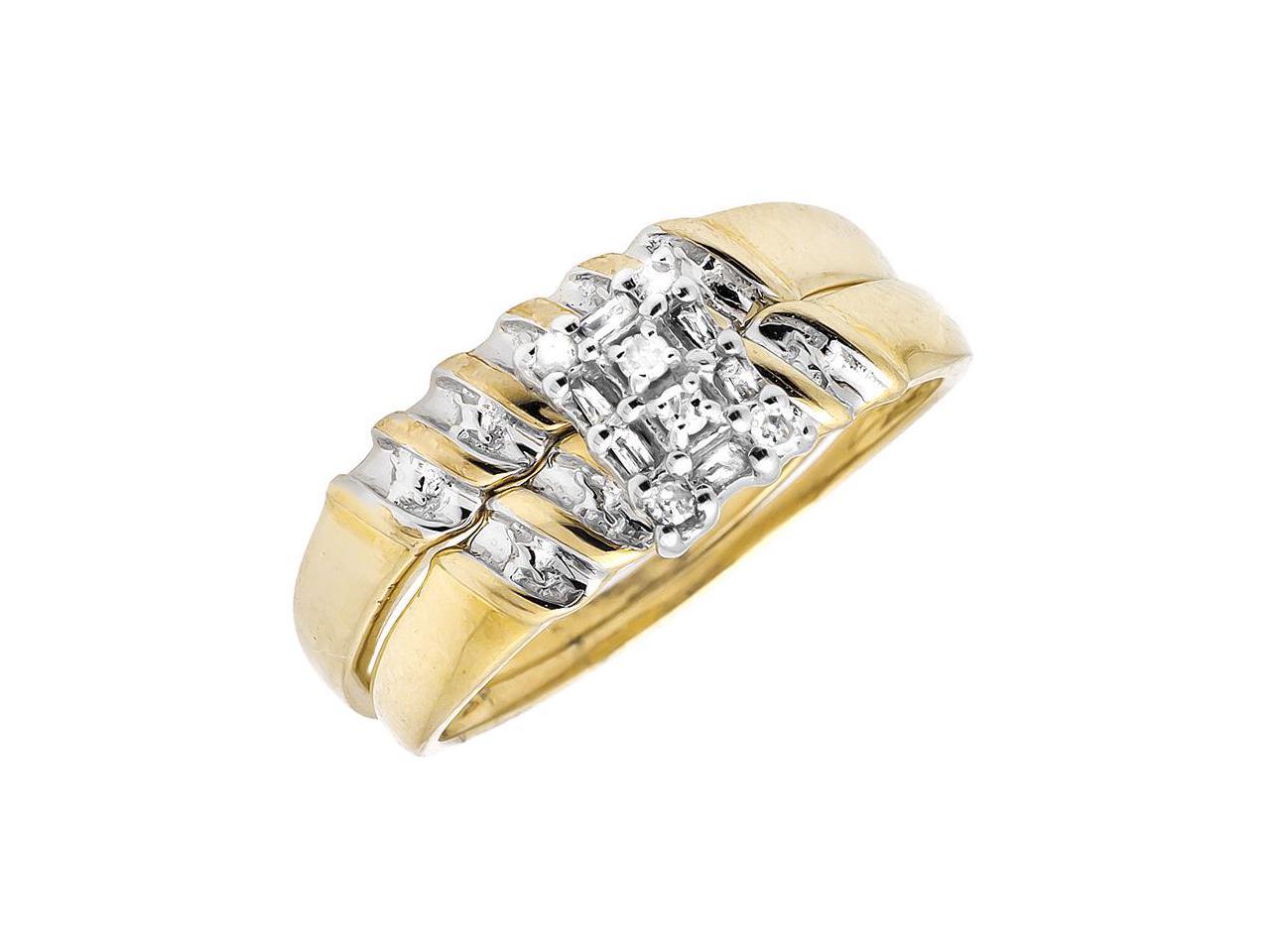 10K Yellow Gold Miracle Set Diagonal Diamond Trio Wedding Ring Set 1