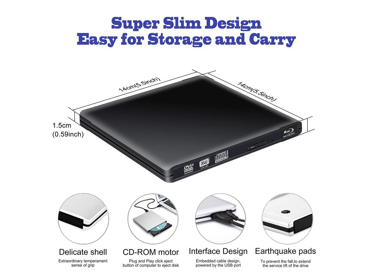 Aluminum External Blu Ray CD DVD Drive 3D, USB 3.0 and Type USB C
