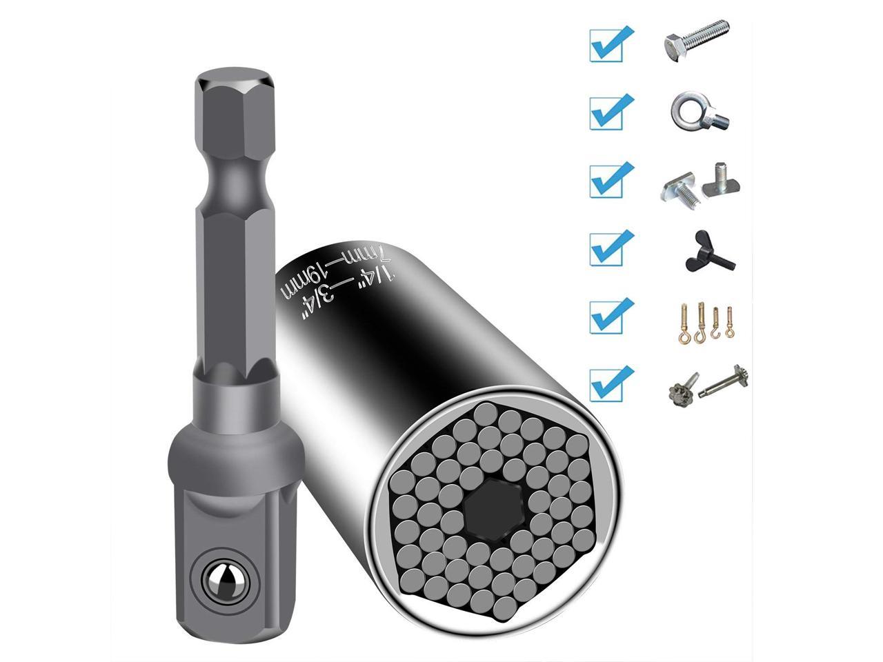 Universal Socket, Multi-function Standard 1/4'' - 3/4'', Metric 7mm-19mm,  One for All Socket Ratchet Wrench with Power Drill Adapter, Professional 